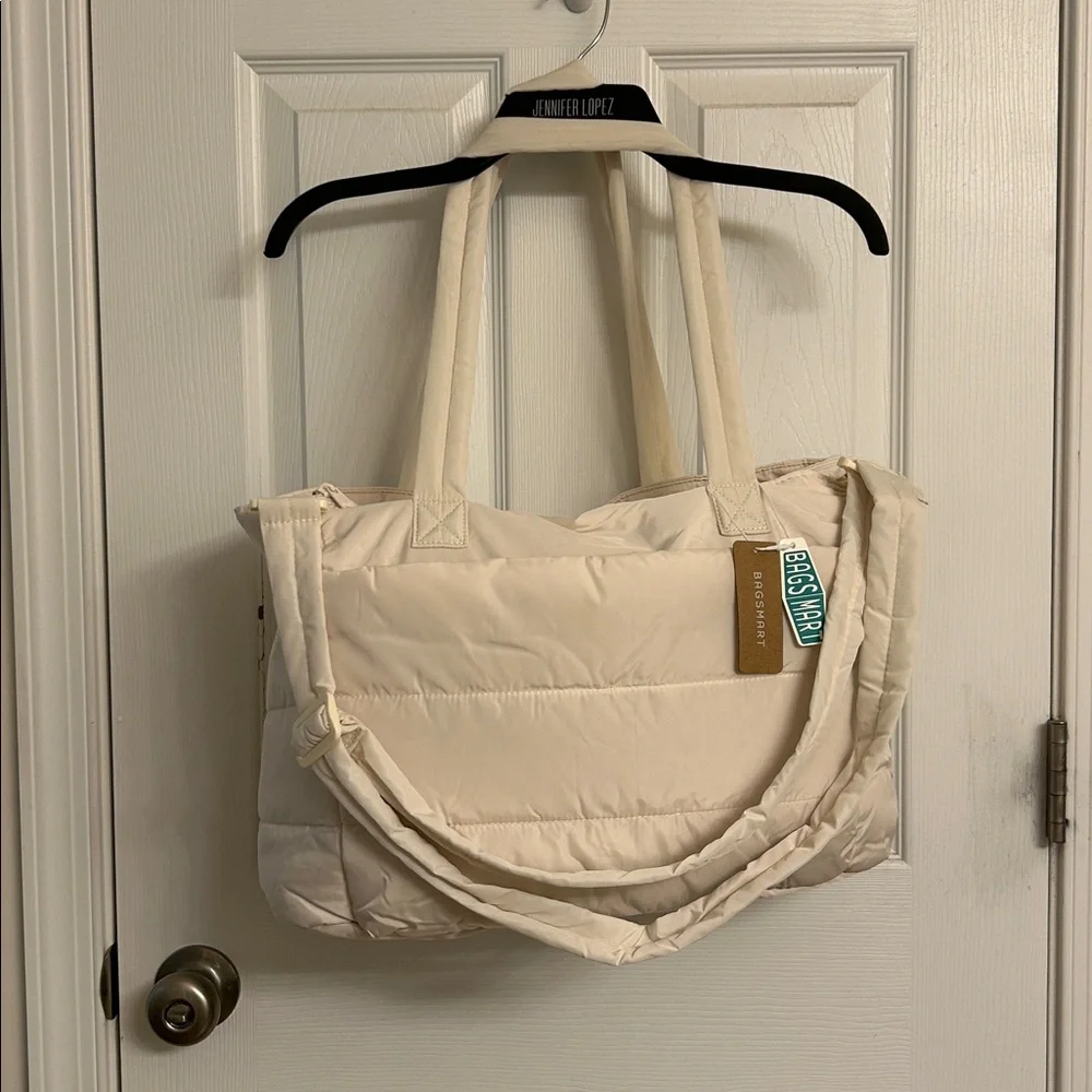 Bagsmart Cream Quilted Tote Bag Lightweight Laptop Adjustable Strap Pockets - Picture 1 of 11